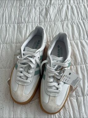 adidas White Sneakers with Mint Green Stripes and Gum Sole
